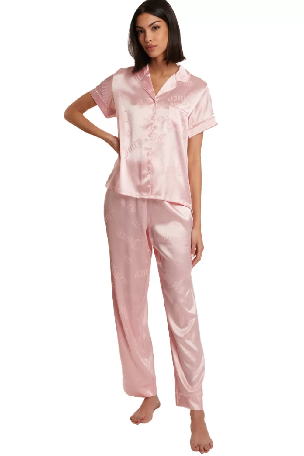 Robes & Sleepwear-Juicy Couture Satin Short Sleeve Notch Collar PJ Set LightPinkCrownToss