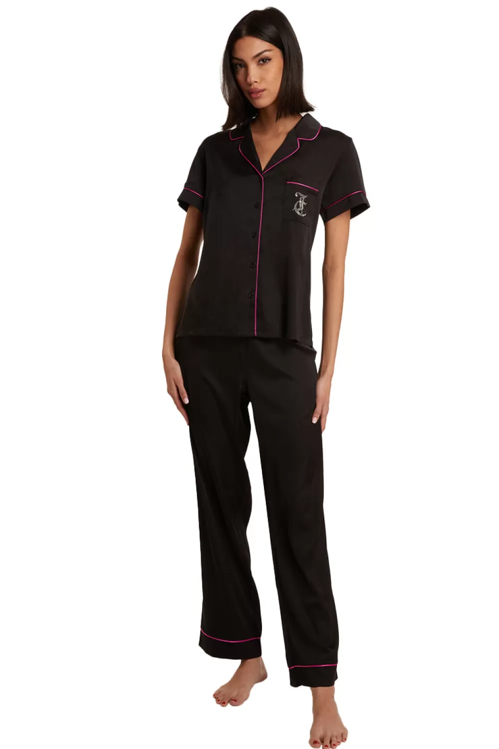 Robes & Sleepwear-Juicy Couture Satin Short Sleeve Notch Collar PJ Set Black