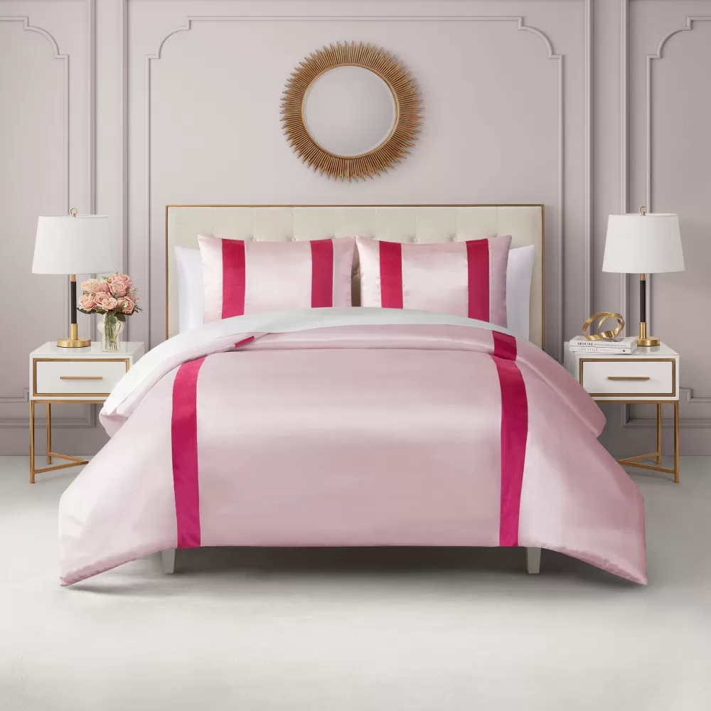 Comforter Sets-Juicy Couture Satin Velvet Stripe Duvet Set MarshmallowPink