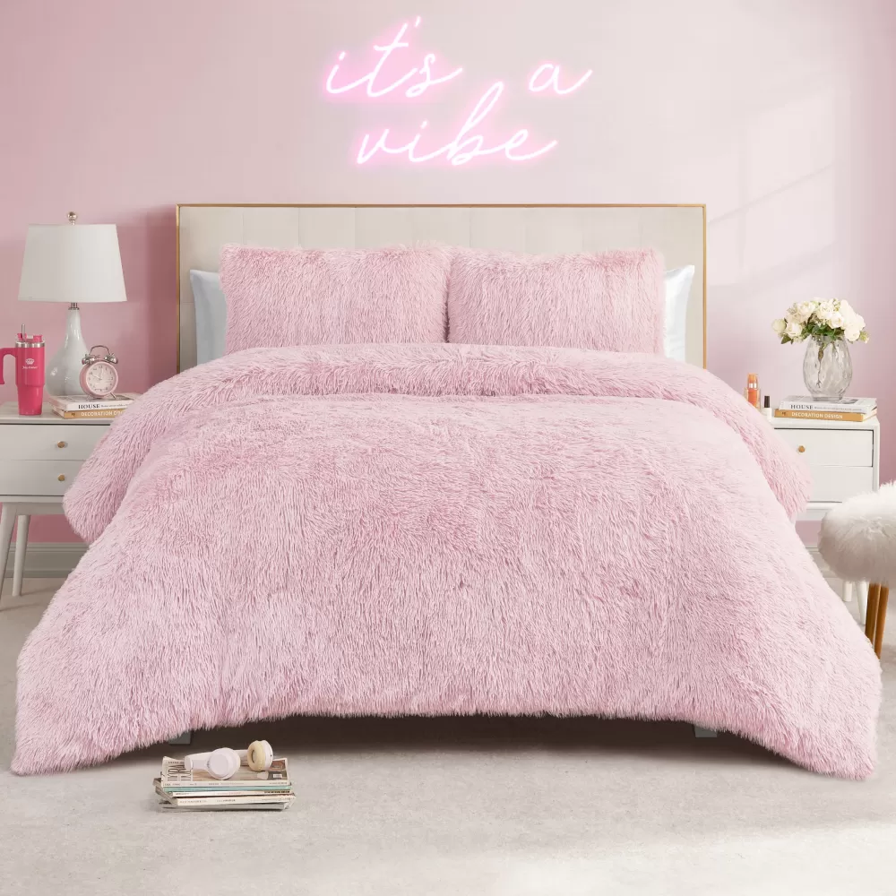 Comforter Sets-Juicy Couture Shaggy Faux Fur Comforter Set Pink