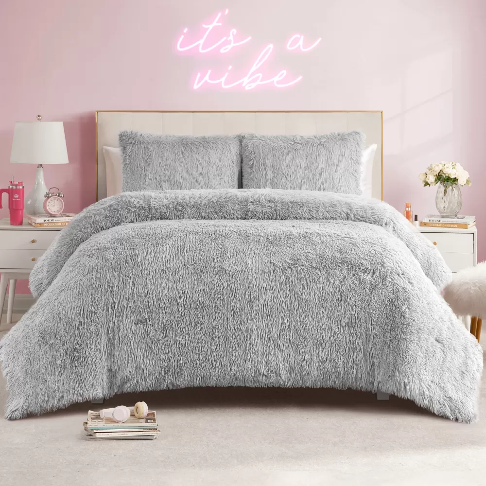 Comforter Sets-Juicy Couture Shaggy Faux Fur Comforter Set Gray