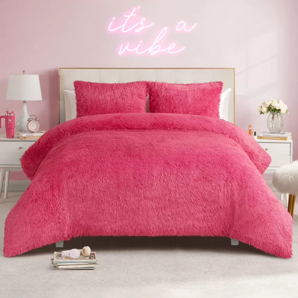 Comforter Sets-Juicy Couture Shaggy Faux Fur Comforter Set HotPink