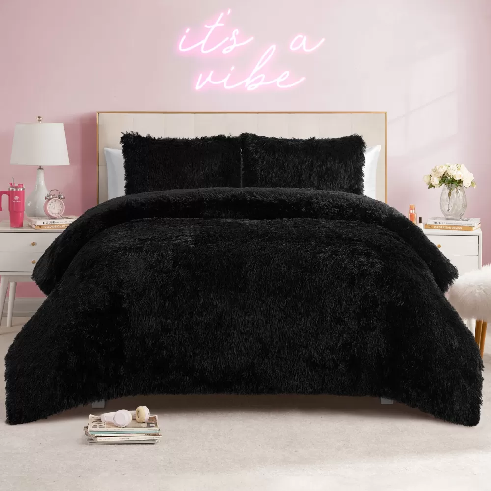 Comforter Sets-Juicy Couture Shaggy Faux Fur Comforter Set Black