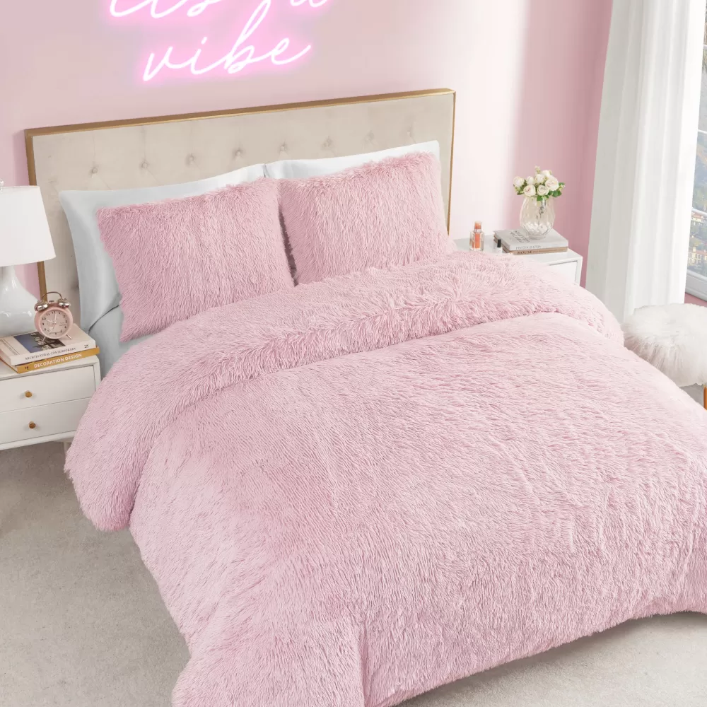 Comforter Sets-Juicy Couture Shaggy Faux Fur Comforter Set Pink