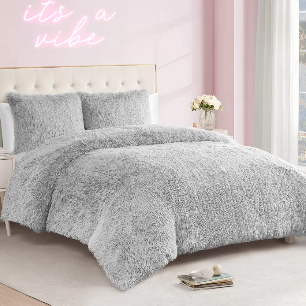 Comforter Sets-Juicy Couture Shaggy Faux Fur Comforter Set Gray