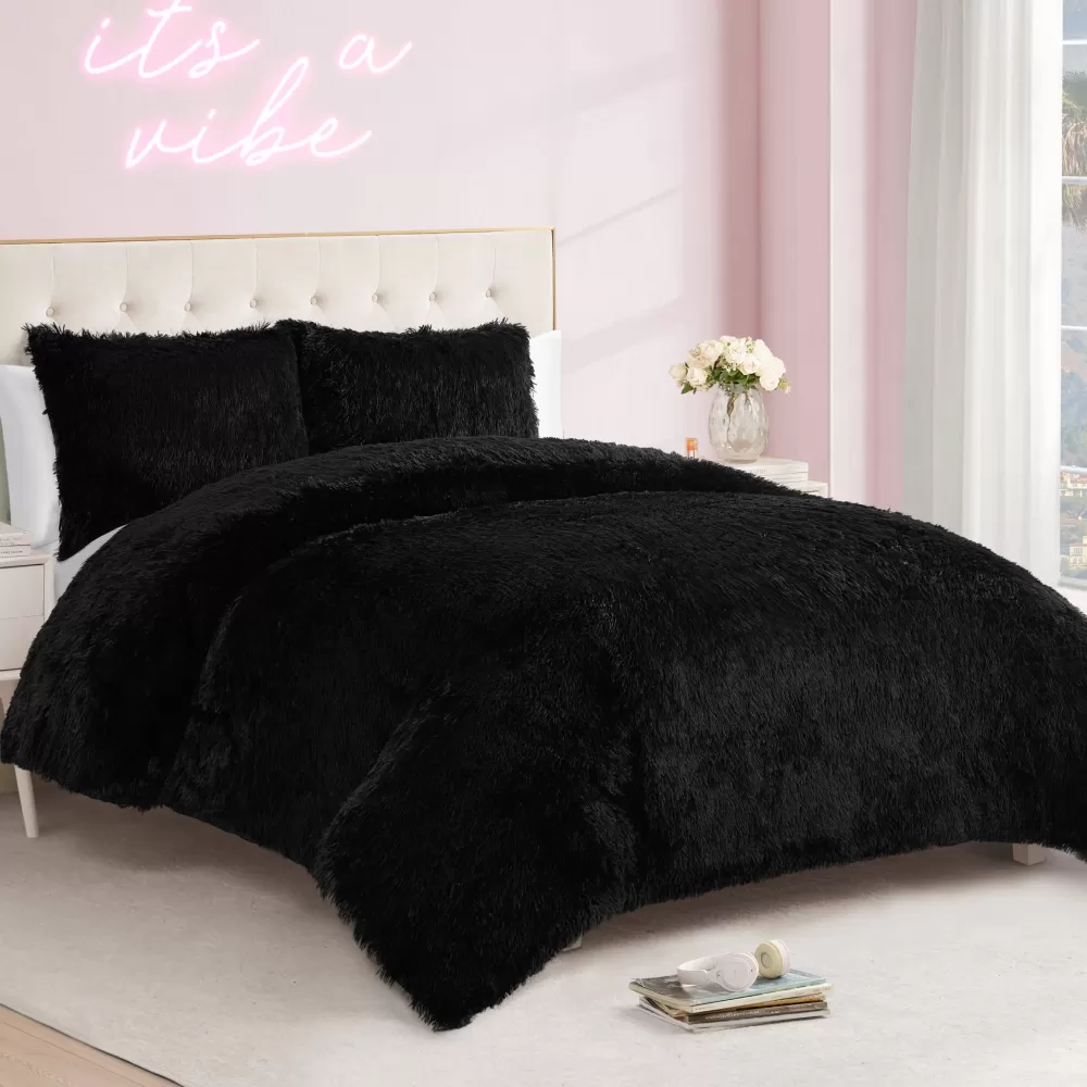 Comforter Sets-Juicy Couture Shaggy Faux Fur Comforter Set Black