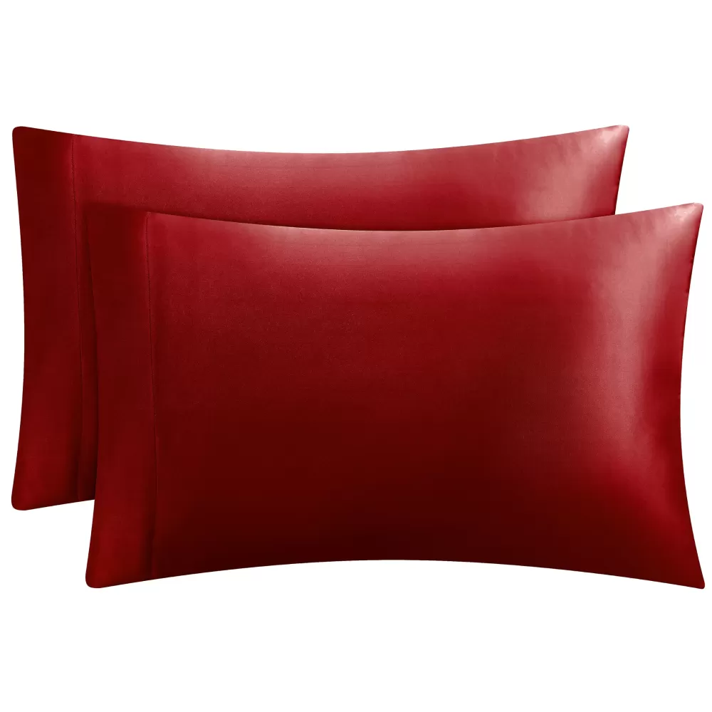 Sheet Sets-Juicy Couture Solid Satin Pillow Case Set Ruby