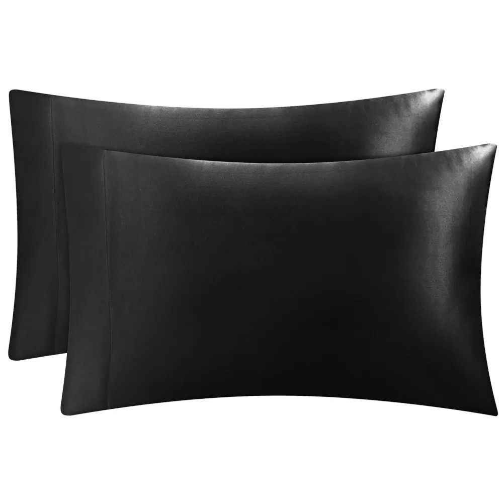 Sheet Sets-Juicy Couture Solid Satin Pillow Case Set Black