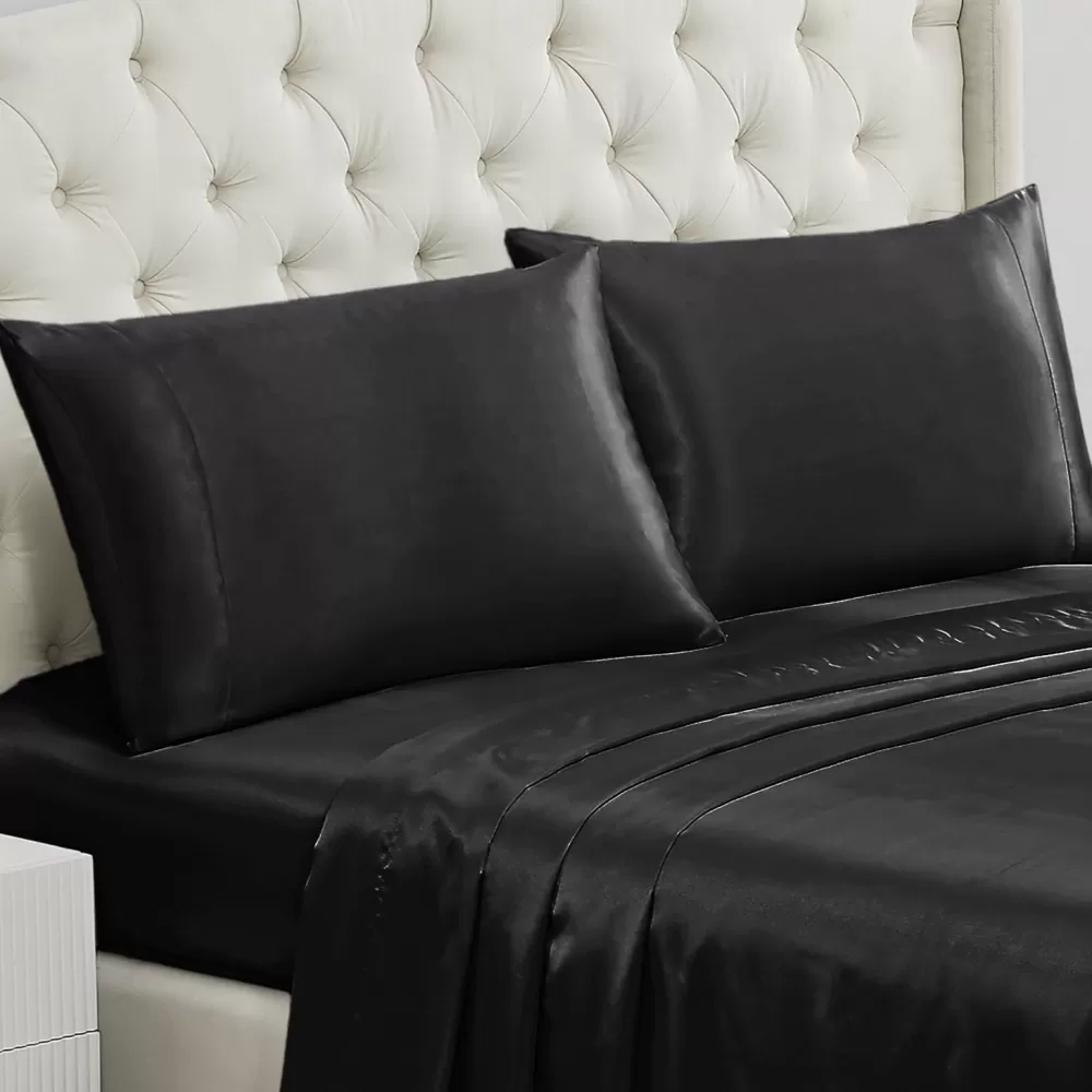 Sheet Sets-Juicy Couture Solid Satin Pillow Case Set Black