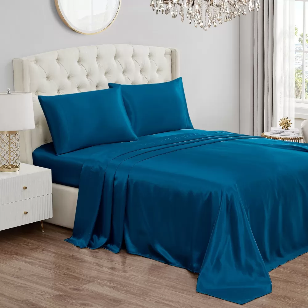 Sheet Sets-Juicy Couture Solid Satin Sheet Set CapriBlue