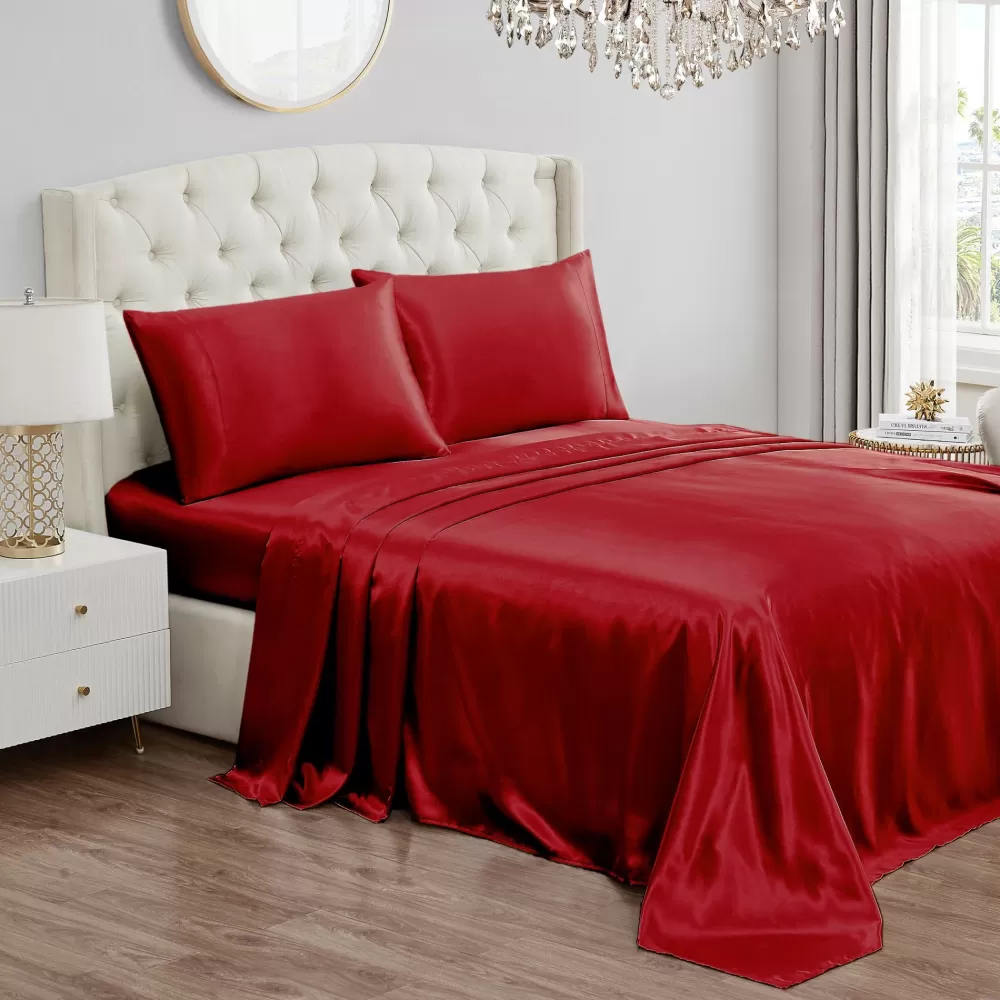 Sheet Sets-Juicy Couture Solid Satin Sheet Set Ruby