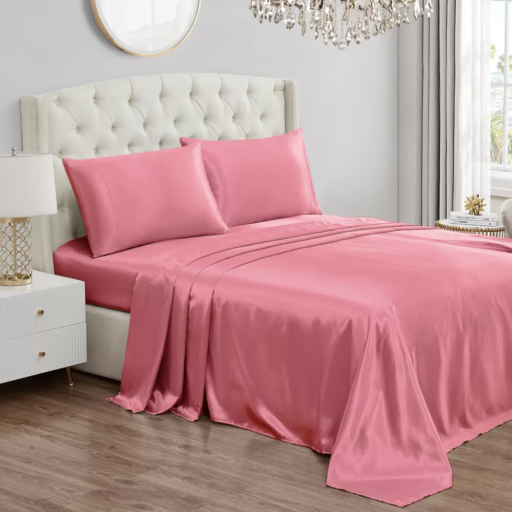 Sheet Sets-Juicy Couture Solid Satin Sheet Set RosePink