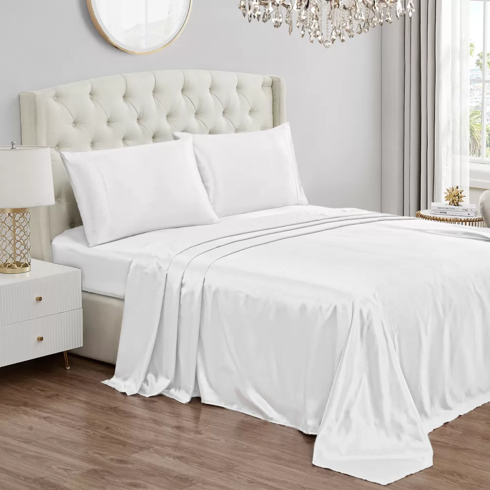 Sheet Sets-Juicy Couture Solid Satin Sheet Set PureWhite