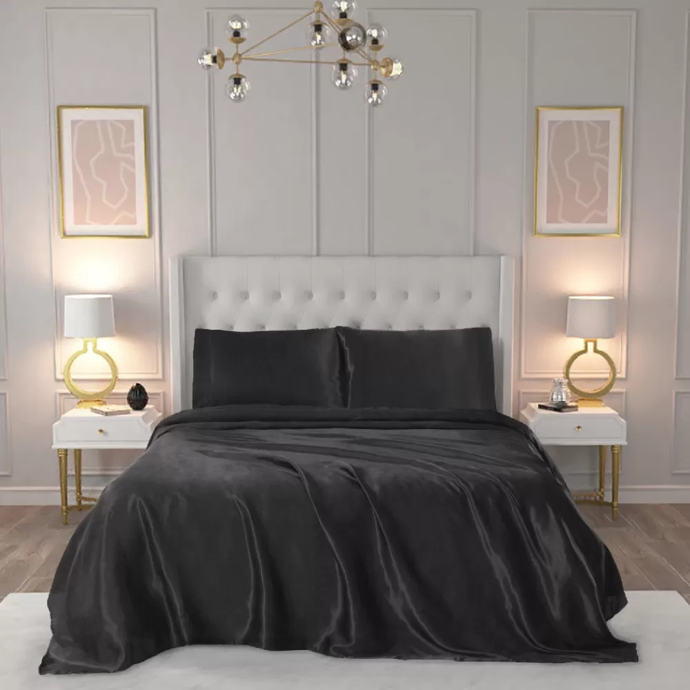 Sheet Sets-Juicy Couture Solid Satin Sheet Set Black